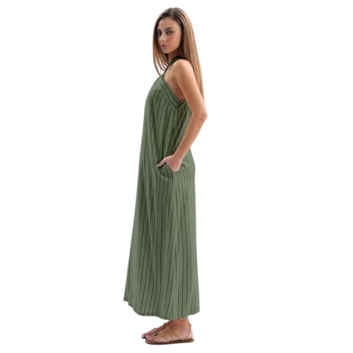 Image of Amazhiyu Women's Linen Striped Halter Sleeveless Maxi Dresses Summer with Pockets
