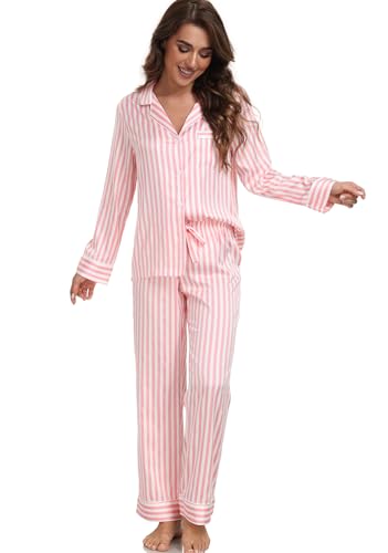 Image of Serenedelicacy Women's Satin Pajama Set Long Sleeve Button Down Sleepwear 2-Piece Silky Pj Set