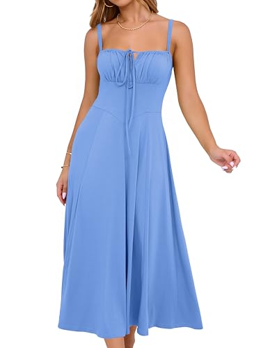Image of YATHON Women's Summer Midi Corset Boho Dresses Spring Casual Floral Spaghetti Straps Lace Up Dress Flowy Aline Beach Sundress