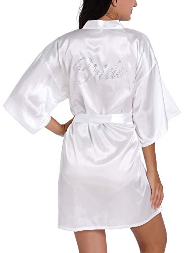 sunshinemall Women's Satin Kimono Robes with Rhinestones Bride Bridesmaid Short Getting Ready Wedding Dressing Gown3