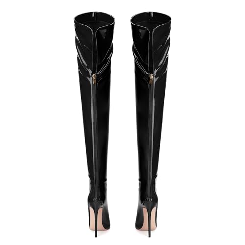 SHOWFOREST Over the Knee Boots for Women Stiletto High Heels Pointed Toe Patent Leather 4.7 Inch Fall Boots with Zipper Sexy Fashion Dance Party Long Boot Shoes4