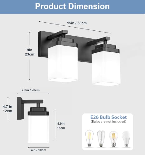Image of Matte Black Bathroom Light Fixtures, 2 Lights Bathroom Lighting Fixtures Over Mirror, Square Design & Rectangle Large Backplate, Modern Vanity Lighting Fixtures, for Living Room /Bedroom