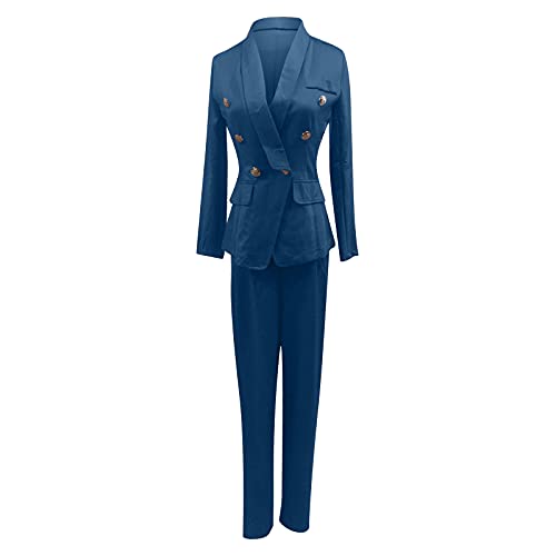 Womens Blazer Suits Two Piece Business Office Lady Suits Sets Casual Lapel Outfit Sold Work Pant Long Sleeve Elegant Sets Dark Blue #TOP4