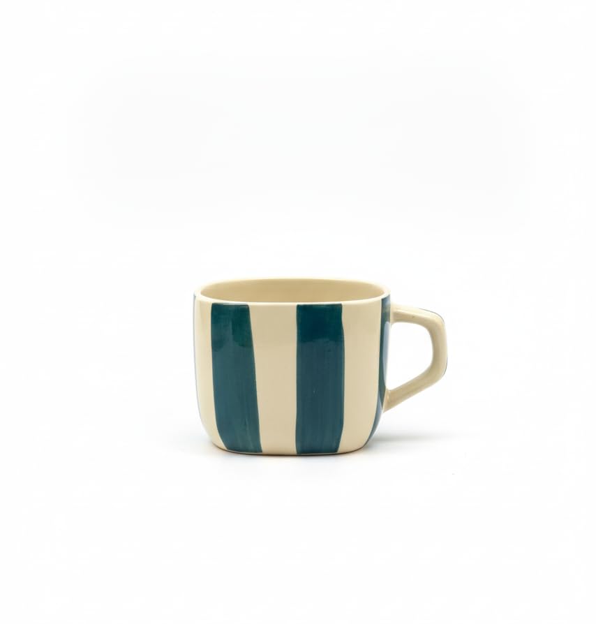 Image of DATA Ceramic Zen Stripes Hand Painted Coffee Mugs in Dark Green Lines, Set of 6, 199 Ml