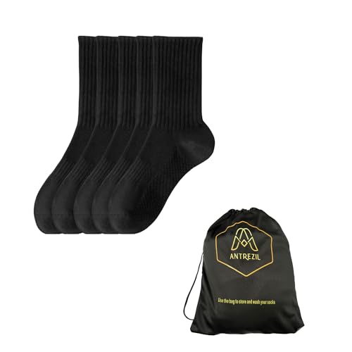 Black Crew Compression Socks - Pack of 5 with Bag | Cushioned Arch Support, Sweat-Absorbent Athletic Running & Hiking Sports Gifts