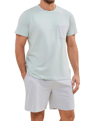Pyjama court à rayures homme coton col rond manches courtes ensemble nuit