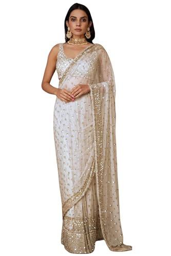 Peachmode Women's Off White Sequins Embellishment Net Saree with ...
