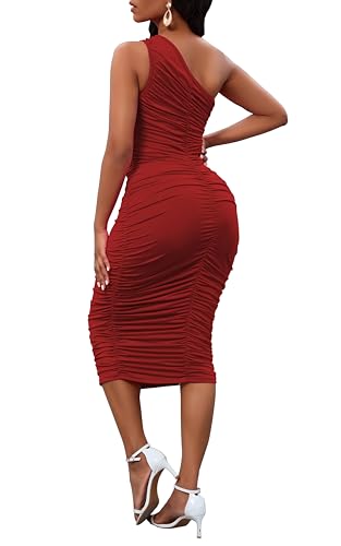 Image of Womens One Shoulder Dress Sexy Ruched Bodycon Midi Party Dress Sleeveless Cocktail Wedding Guest Club Night Outfit