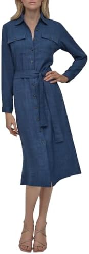 DKNY Womens Long Sleeve Collared Tie Midi Shirtdress