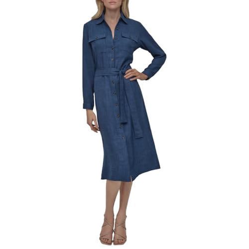 DKNY Women's Long Sleeve Collared Tie Midi Shirtdress, Denim, 2