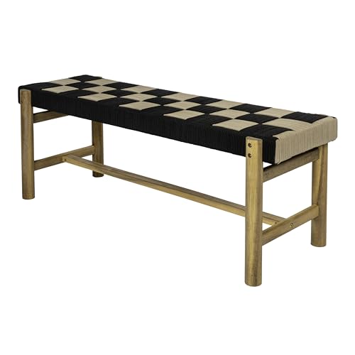 JONATHAN Y Denis 47" Acacia Wood and Woven Rope Bench, Bohemian Indoor/Outdoor Seating for Entryway or Patio, Black and Beige Checkerboard, 700 lbs Capacity BNH202A