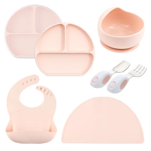 BabyGooⓇ ベビー食器セット プレミアム ひっくり返らない 赤ちゃん 離乳食 吸盤 すくいやすい シリコン くっつく 赤ちゃん 人気 出産祝い プレート ボウル スプーン フォーク トレーニングカトラリー 食品衛生検査済み (シェルピンク, 7点セット)