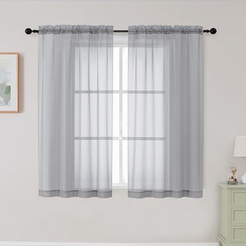 WelvetBLK Light Grey Sheer Curtains for Bedroom Living Room 45 Inch Length 2 Panels, Soft Light Filtering Small Kitchen Window Curtains, Rod Pocket Short Curtain Drapes, Light Grey, 42" Wx45 L Inches