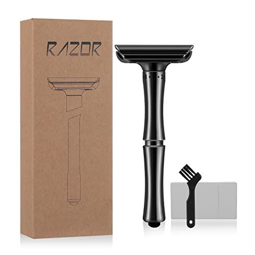 Whityle Safety Double-edged razor metal razor , men's long handle razor, adjustable double edge razor box comes with 1 cleaning brush and 5 double-edged blades, Black