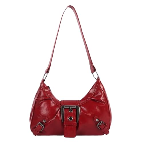 MUNSKT 1PC Ladies Leather Crescent Bag,Y2K Shoulder Bag for Women,Magnetic Closure Underarm Purse, Pleated Zipper Clutch Purse,Travel Commuter Bag for Daily Use (Red)