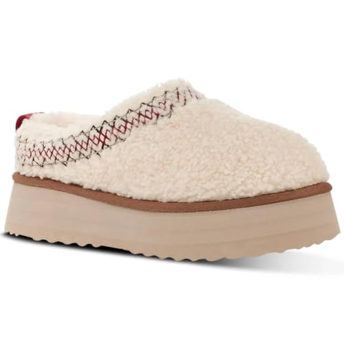 Women's Fuzzy Platform Slippers Boots Braid Slippers with Plush Fleece Lining Comfy Soft Non-Slip House Shoes for Indoor and Outdoor