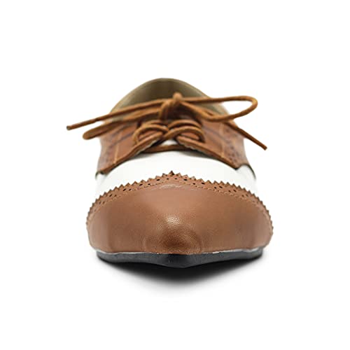Ollio Women's Shoes Flat Wingtip Lace Up Pointed Toe Two Tone Oxford F131 (7 B(M) Us, Brown) #TOP2