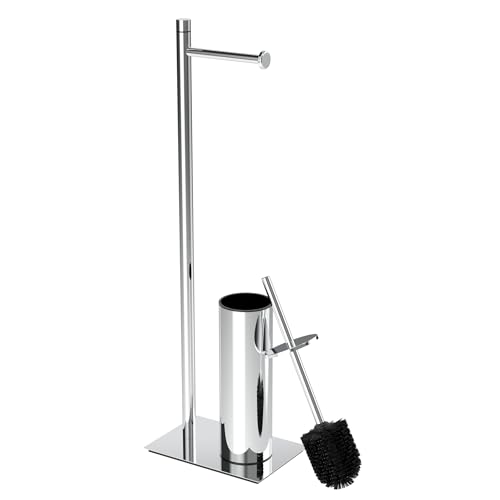 RUACQ Toilet Paper Holder Stand with Toilet Brush and Holder Set, 304 Stainless Steel Bathroom Toilet Tissue Paper Roll Holder Free Standing, Weighted Base, Heavy Duty (Chrome)