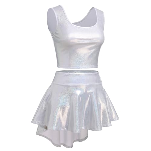 ABAFIP Women Rave Outfits Shiny Crop Top High Low Skirt with Shorts 3 piece Music Festival Clothes set