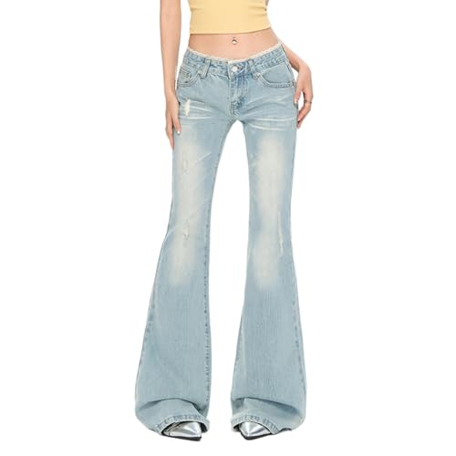 Womens Low Rise Lace Trim Stretch Flare Jeans Y2K Ripped Distressed Bootcut 90s Bell Bottom Washed Denim Pants