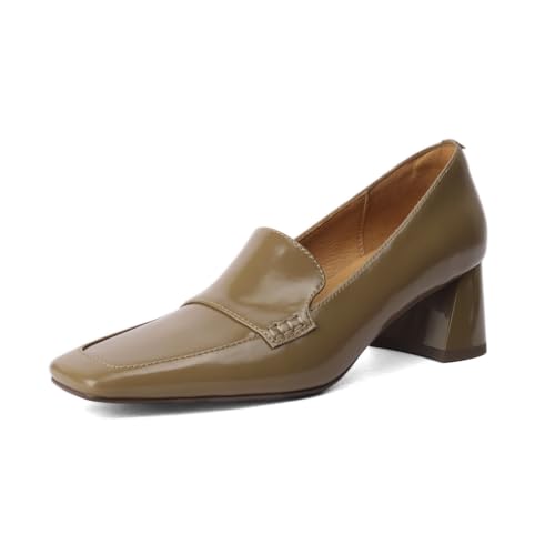 Image of TinaCus Women's Square Toe Genuine Leather Handmade Chunky Heels Slip-on Casual Loafers Shoes