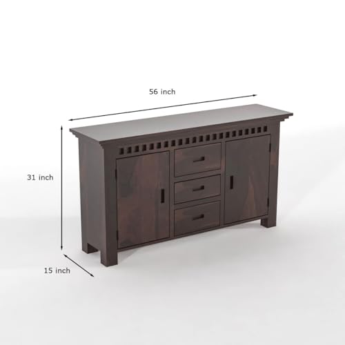 Image of Solid Sheesham Wood Sideboard and Cabinets | Wooden Side Board Media Console Tv Cabinet for Living Room | Free Standing Cabinet with 3 Drawers & 2 Door Cabinet Storage | Walnut Finish