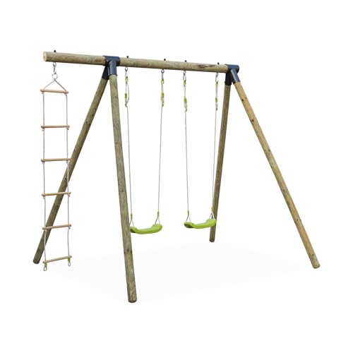 sweeek - Aire de Jeux Mistral en Bois avec 2 balançoires et échelle en Corde Bois de pin
