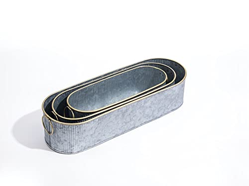 Dipamkar Set of 3 Vintage Long Oval Galvanized Metal Garden Trough Planters Windowsill Box Herb Pots Outdoor Plant Pots