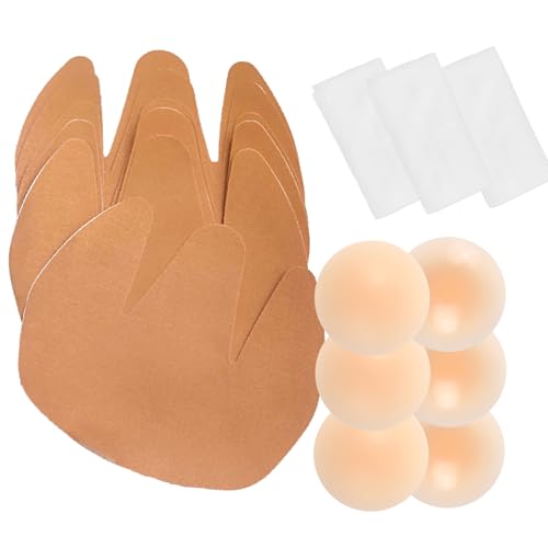 Photo de POMAMZ Adhésif Poitrine 3 Pièces + Pastilles - Soutien Invisible pour Bonnets A-F, Bande Dos Nu sans Baleines pour Robes, Effet Liftant Naturel, Beige,A-B