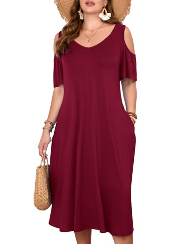 Image of LARACE Plus Size Women Dress for Summer, Midi Women's Sundress, Casual V-Neck Short Sleeve Flowy T-Shirt Dresses with Pockets