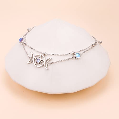 Image of Ladytree S925 Sterling Silver Boho Beach Double Layer Anklets Bracelet for Women Adjustable 9 to 11 inches