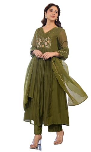 Nermosa Women Embroidery Solid Anarkali Kurta and Pant Set with D...