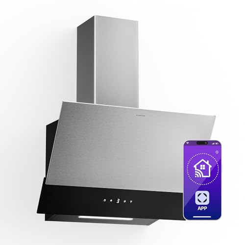 Klarstein Verosteel Hotte Aspirante 60 cm - Hotte Décorative, 624 m³/h, A++, Commandes Tactiles, LED, Filtre Charbon, Inox & Verre Noir, Silencieuse, Cuisine...