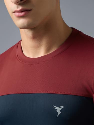 Image of TECHNOSPORT Men's Colourblock Slim Fit Round Neck T-Shirt TECHNOCOOL+ Half Sleeve Slip On Polyester for Gym Running Workout UPF50+ Anti Odour