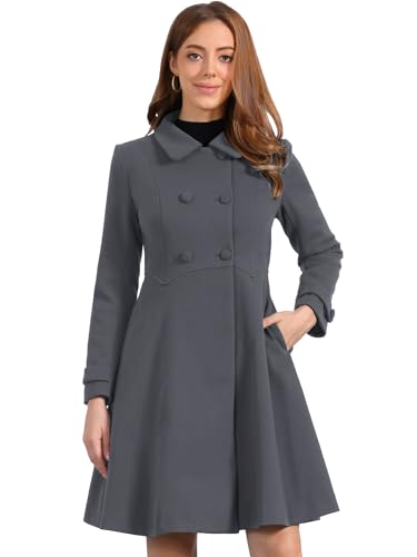 Allegra K Women's Winter Coat Overcoat Lapel Collar Long Swing A Line Double Breasted Pea Coat