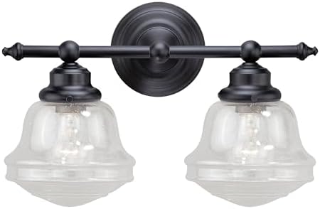 VAXCEL Huntley 2-Light 16 inch Wide Oil Rubbed Bronze Farmhouse Bathroom Vanity Lighting Fixture, Clear Seeded Schoolhouse Glass Shade, Dimmable, LED Compatible, Over The Mirror Mounted Wall Sconce