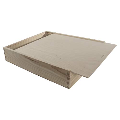 WooDeeDoo Wooden Photo Storage Box, 33.5 x 28 x 6 cm, Unfinished Pine Craft Box With Sliding Lid