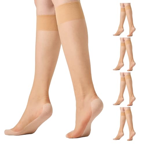 4 Pairs Knee High Stockings for Women Anti-Slip Cotton Sole Nylons Sheer Socks with Wide Calf