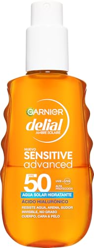 Garnier Delial Sensitive Advanced Agua Solar Hidratante con [Ácido Hialurónico] Muy Alta Protección FPS 50+. Resistente al agua, arena y sudor. Invisible y no graso. 150 ML