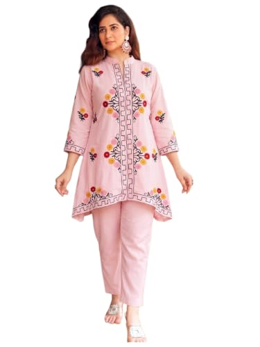Image of ANNI Designer Women Kurta Set | Cotton Embroidered A-Line Kurta with Pant Co-ord Set | 3 /4 Sleeve Mandarin Collar Kurti Set for Women | Daily Office Party Wedding Ethnic Suit