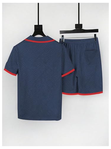 RoseSeek Conjunto masculino de 2 peças com gola com zíper, gola com zíper, manga curta e cordão na c