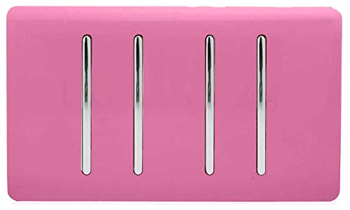 Trendi 4 Gang 2 way 240V Screwless Raised Front Twin Plate Plastic Artistic Modern Glossy 10 Amp Chrome Rocker Quad Electrical Wall Light Switch Candy Pink
