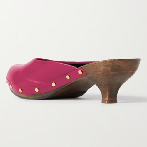 FSJ Women Retro Round Closed Toe Mules Wooden Kitten Heel Trendy Studded Slide Sandals Vintage Comfy Dressy Pumps Shoes Size 4-16 US3