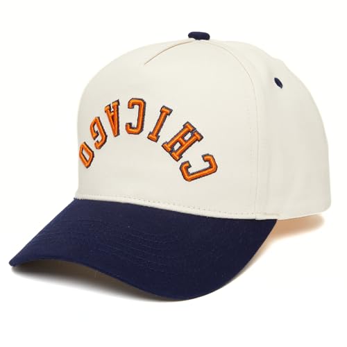 Funky Junque Retro Chicago Hat Baseball Cap with Upside Down City Arched Embroidery Unisex Adjustable Snapback for Football Game Day Tailgating Chicago (Navy/Beige)