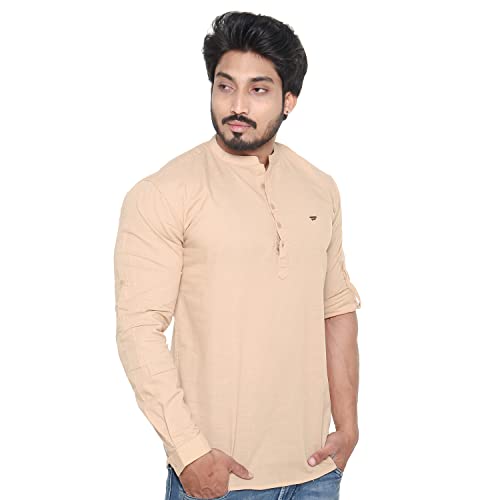 Image of Men's Linen Chinese Collar Full Sleeve Plus Size Short Kurta