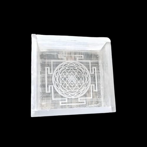 Image of Natural Selenite Charging Box with Handcarved Shree Yantra | Certified Crystal Charger for Crystal Bracelets, Jewelry & Healing Stones (Size3x3 inch)