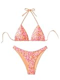 WDIRARA Women's 2 Piece Floral Striped Bikini Set Halter String Thong Swimsuit High Cut Bathing Suit Multicolor X-Large