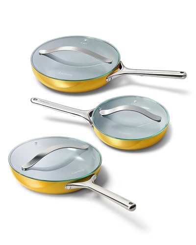 Caraway Ceramic Nonstick Fry Pan Set with Glass Lids – Includes Two 10.5” Fry Pans, One 8” Fry Pan, & Three Lids - Non Toxic, PTFE & PFOA Free - Oven Safe & Compatible with All Stovetops - Marigold