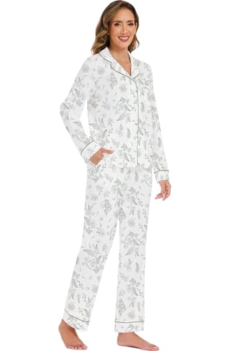 Image of LUBOT 100% Cotton Pajamas for Women Pajama Set 2 Piece PJ Sleepwear Set Soft Ladies Button Knit Long Sleeve Loungewear XS-XXL