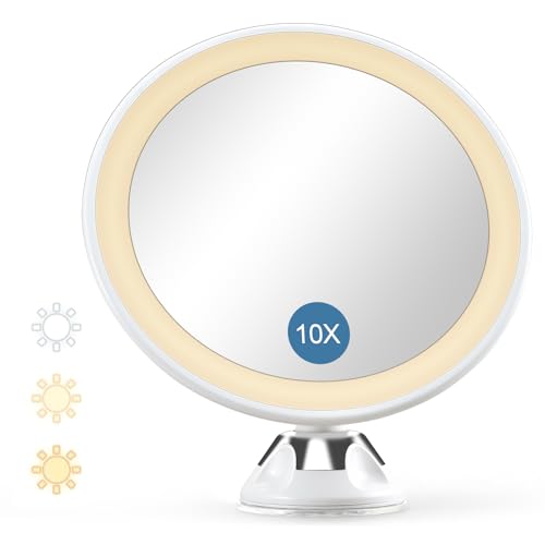 Aischens Espejo de Maquillaje con Aumento 10X y Luz LED, 3 Colores Ajustables(Brillante, Blanca y Cálida), Makeup Espejo Cosmético con Ventosa Potente y Giratorio 360°, Espejo Aumento 10x de Baño